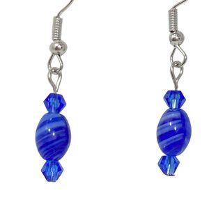 Murano Style Cobalt Blue Art Glass Bead Earrings Silver Tone Dangle Swirl